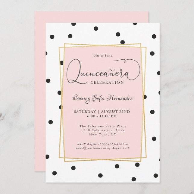 Pink Black and Gold Confetti Dots Quinceanera Invitation (Front/Back)