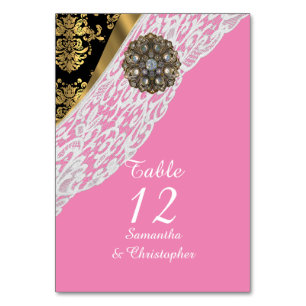 Pink black and gold damask white lace wedding table number