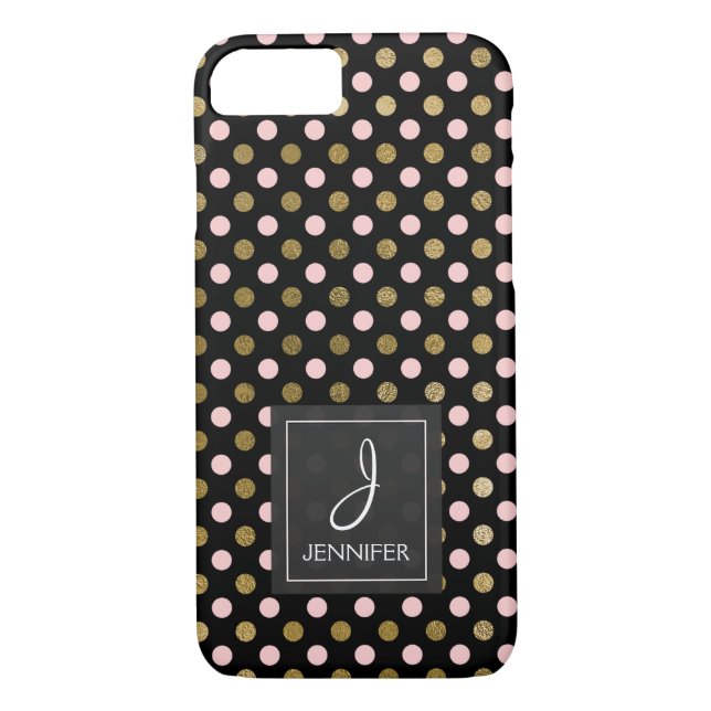 Pink, Black and Gold Foil Polka Dot Monogram Case-Mate iPhone Case (Back)