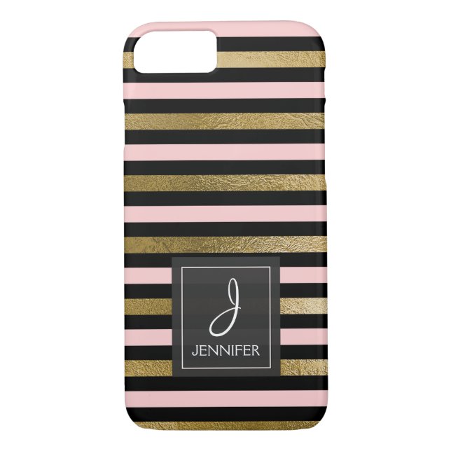 Pink, Black and Gold Foil Striped Monogram Case-Mate iPhone Case (Back)