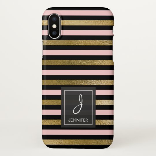 Pink, Black and Gold Foil Striped Monogram iPhone X Case
