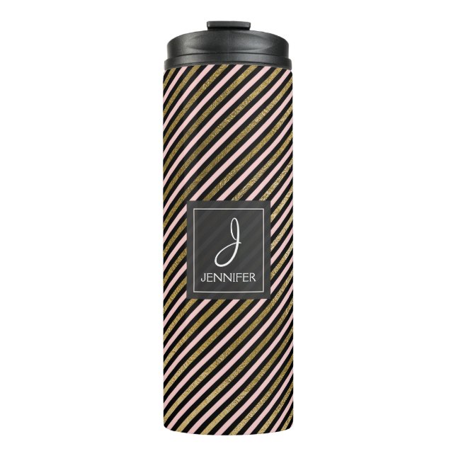 Pink, Black and Gold Foil Striped Pattern Monogram Thermal Tumbler (Front)