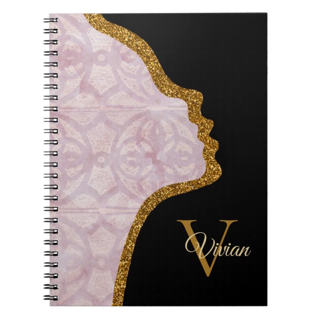 Pink Black And Gold Glitter Face Monogram Name Notebook (Front)