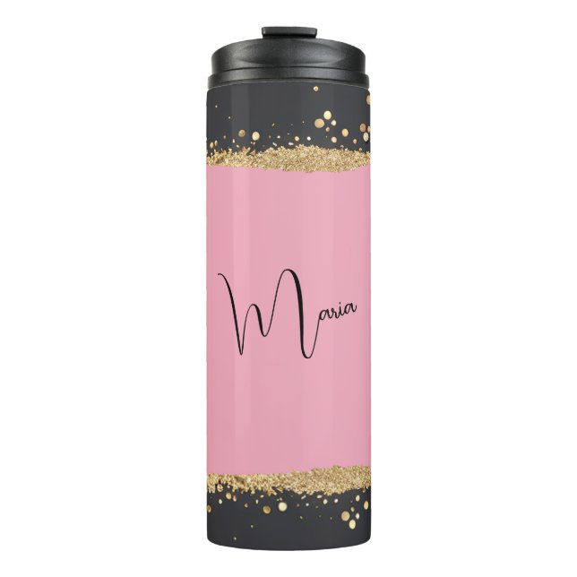 Pink, Black and Gold Glitter Thermal Tumbler (Front)