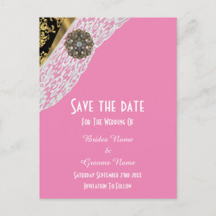 Pink black and gold white lace save the date announcement postcard