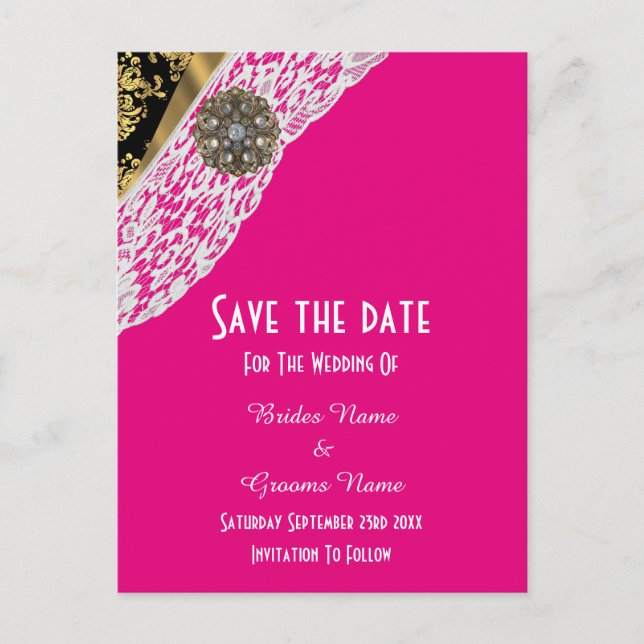 Pink black and gold white lace save the date announcement postcard (Front)