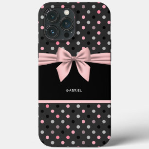Pink Black and Grey Bow Pink and White Striped Cas iPhone 13 Pro Max Case