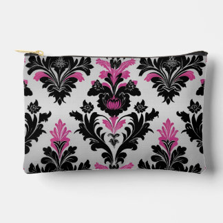 Pink, Black and Silver Damask Style Accessory Pouch