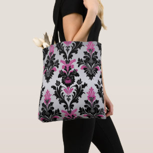Pink, Black and Silver Damask Style Tote Bag