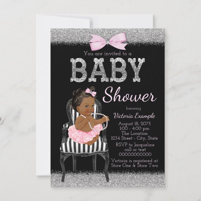 Pink Black and Silver Ethnic Girl Baby Shower Invitation (Front)