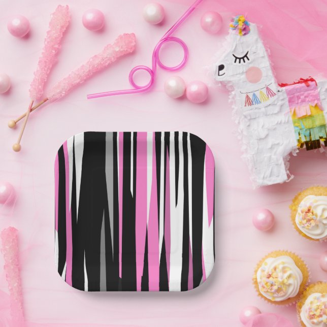 Pink Black and White Abstract Paper Plate (Party)