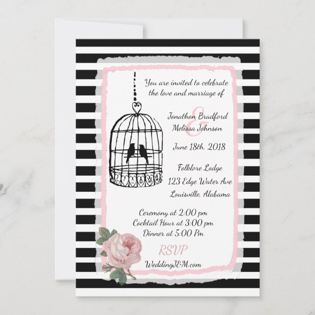 Pink Black and White Birdcage Wedding Invitations (Front)