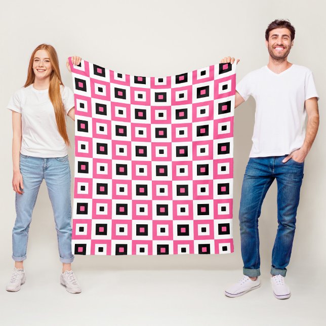 Pink Black and White Checkered Squares Pattern Fleece Blanket (Creator Uploaded)