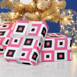 Pink Black and White Checkered Squares Pattern Wrapping Paper