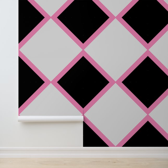 Pink Black and White Diamond Chequerboard Dramatic Wallpaper (Application)