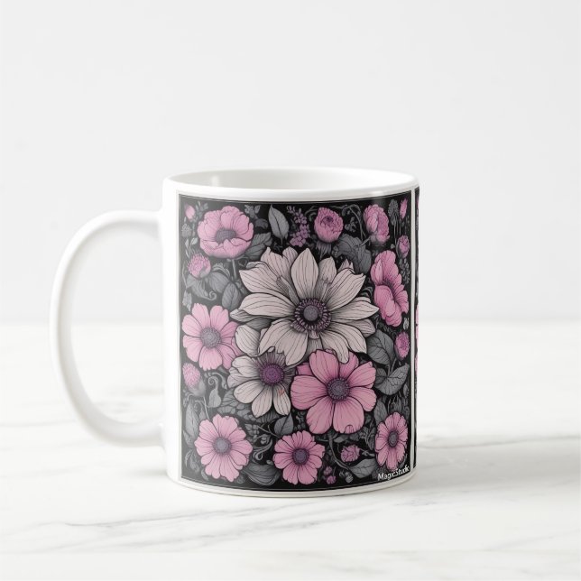 Pink, Black, and White Flowers Mug (Left)