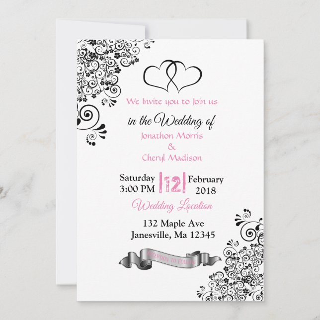 Pink, Black and White Hearts Wedding Invitations (Front)
