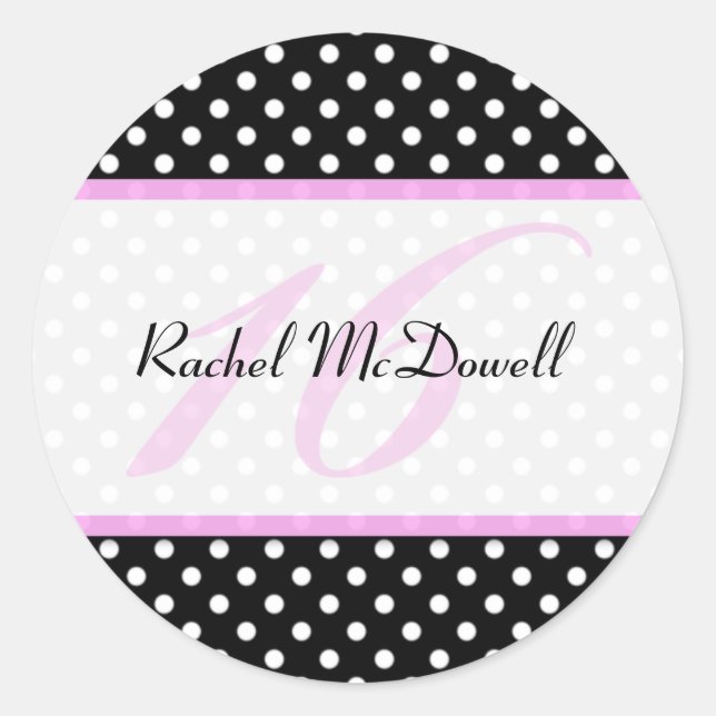 Pink, Black, and White Polka Dot Sweet 16 Sticker (Front)