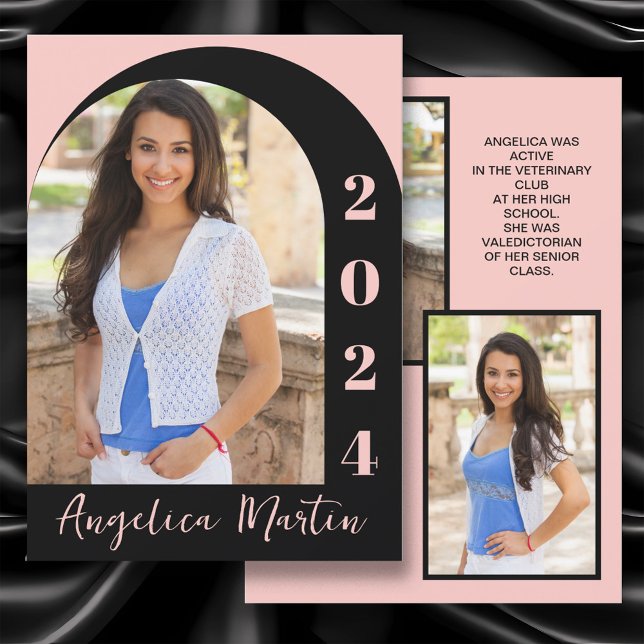 Pink Black Arch Photo Class of 2024 Graduation  (Pink and black arch-photo high school graduation Class of 2024 announcement)