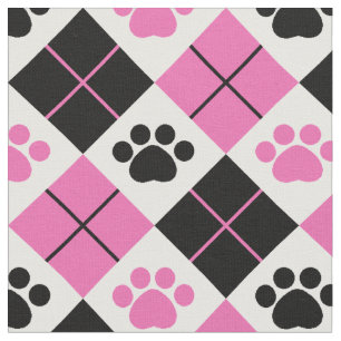 Pink & Black Argyle Paw Print Pattern Fabric