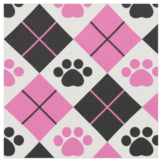 Pink & Black Argyle Paw Print Pattern Fabric (Close Up)