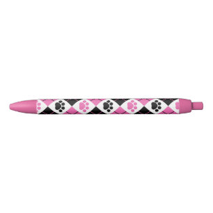 Pink & Black Argyle Paw Print Pattern Ink Pen