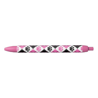Pink & Black Argyle Paw Print Pattern Ink Pen