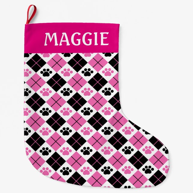 Pink & Black Argyle Paw Print Pattern Large Christmas Stocking (Front)