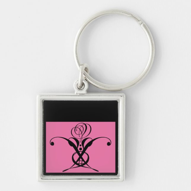Pink Black Art Deco Rose Key Ring (Front)