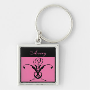 Pink Black Art Deco Rose Keychain