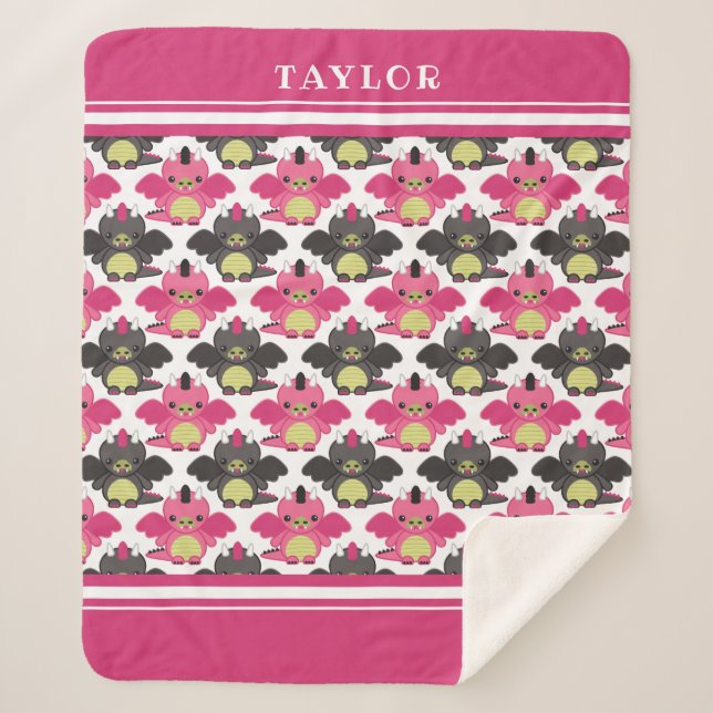 Pink & Black Baby Dragons - Name Sherpa Blanket (Front)