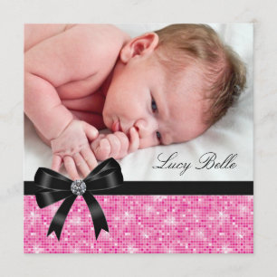 Pink Black Baby Girl Photo Birth Announcement