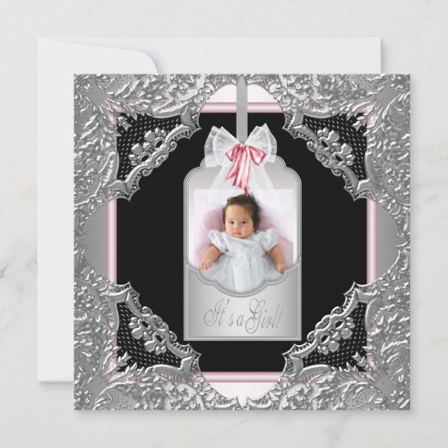 Pink Black Baby Girl Photo Birth Announcement (Front)