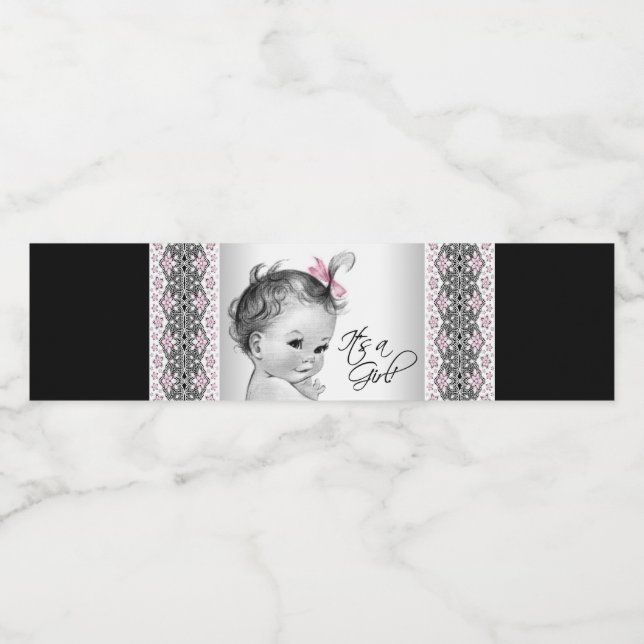 Pink Black Baby Girl Water Bottle Labels (Single Label)