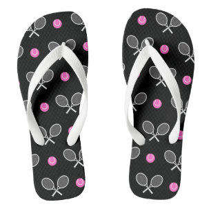 Pink & Black Ball Racket Athletic Pattern Tennis Thongs