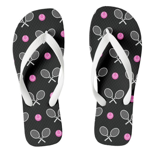 Pink & Black Ball Racket Athletic Pattern Tennis Thongs (Footbed)