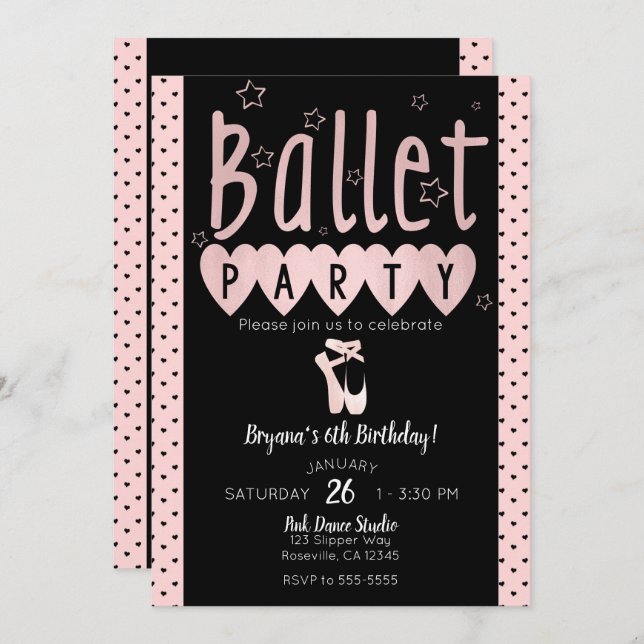 Pink & Black Ballet Ballerina Chic Birthday Party Invitation (Front/Back)