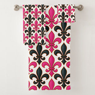 Pink Black Baroque Fleur-de-lis Pattern Design  Bath Towel Set