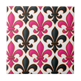 Pink Black Baroque Fleur-de-lis Pattern Design Ceramic Tile