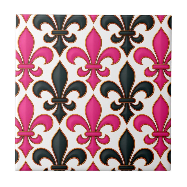 Pink Black Baroque Fleur-de-lis Pattern Design  Ceramic Tile (Front)