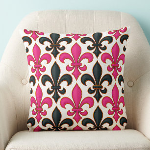 Pink Black Baroque Fleur-de-lis Pattern Design  Cushion