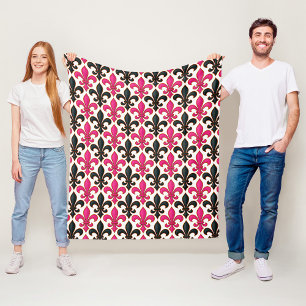 Pink Black Baroque Fleur-de-lis Pattern Design Fleece Blanket