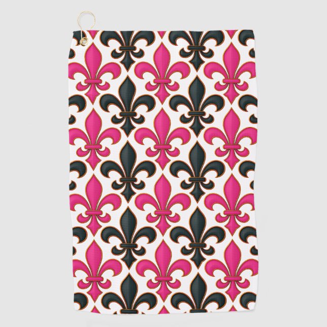 Pink Black Baroque Fleur-de-lis Pattern Design  Golf Towel (Front)