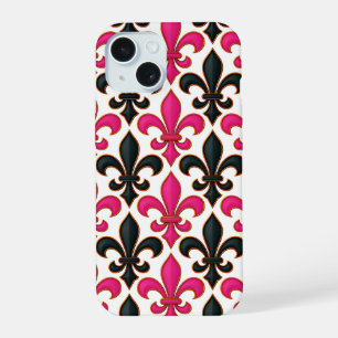 Pink Black Baroque Fleur-de-lis Pattern Design iPhone 15 Case