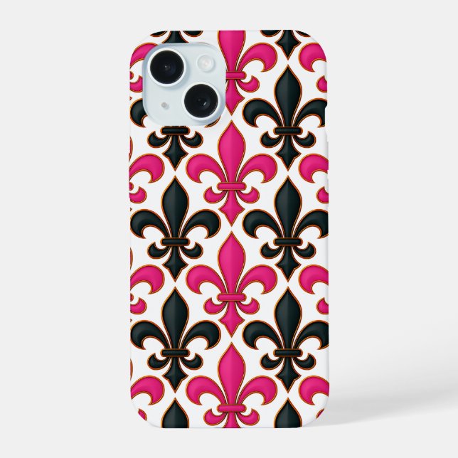 Pink Black Baroque Fleur-de-lis Pattern Design  iPhone 15 Case (Back)