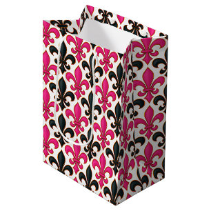 Pink Black Baroque Fleur-de-lis Pattern Design Medium Gift Bag