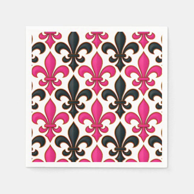 Pink Black Baroque Fleur-de-lis Pattern Design  Napkin (Front)