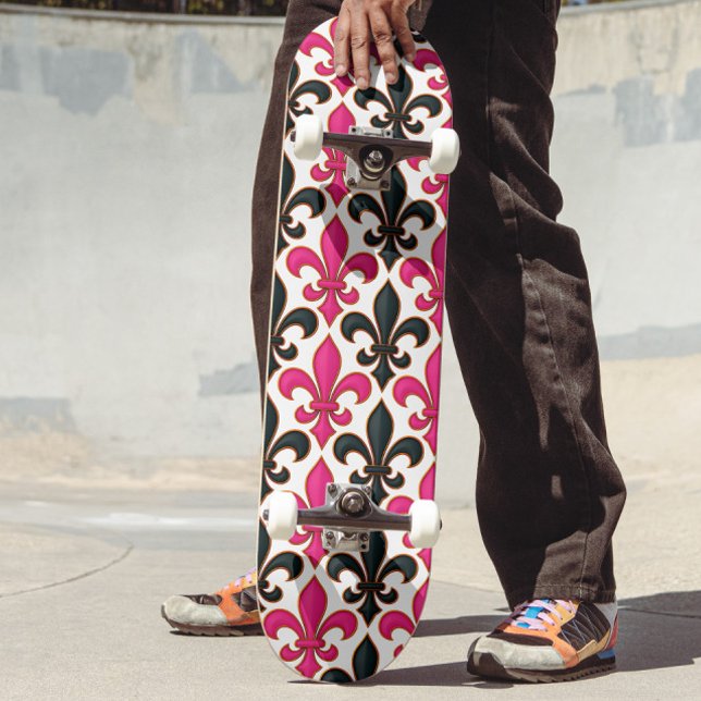 Pink Black Baroque Fleur-de-lis Pattern Design  Skateboard (Creator Uploaded)