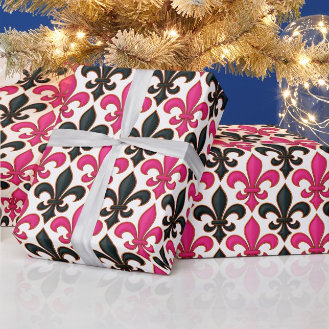 Pink Black Baroque Fleur-de-lis Pattern Design  Wrapping Paper (Creator Uploaded)