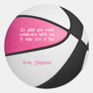 pink black basketball girls sports party thank you classic round sticker
